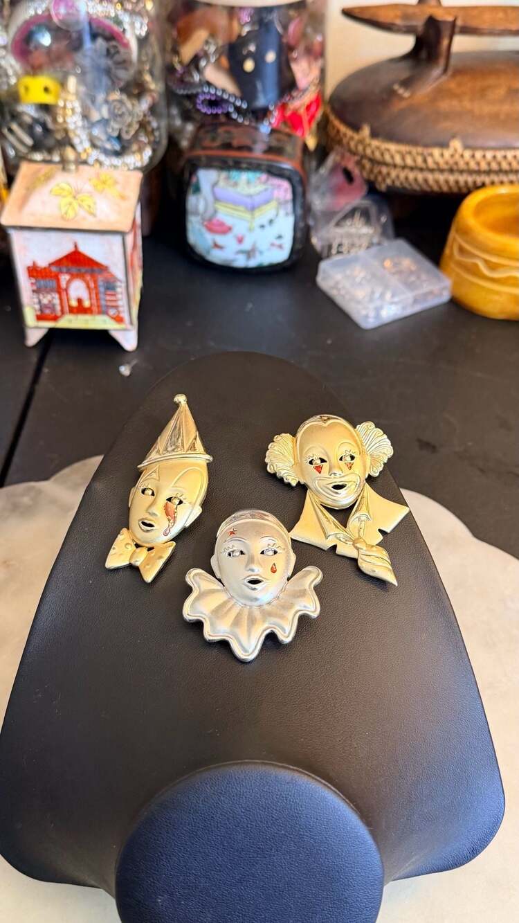 Vintage Clown Mask Brooch Trio Pierrot and Sad Clown Pins